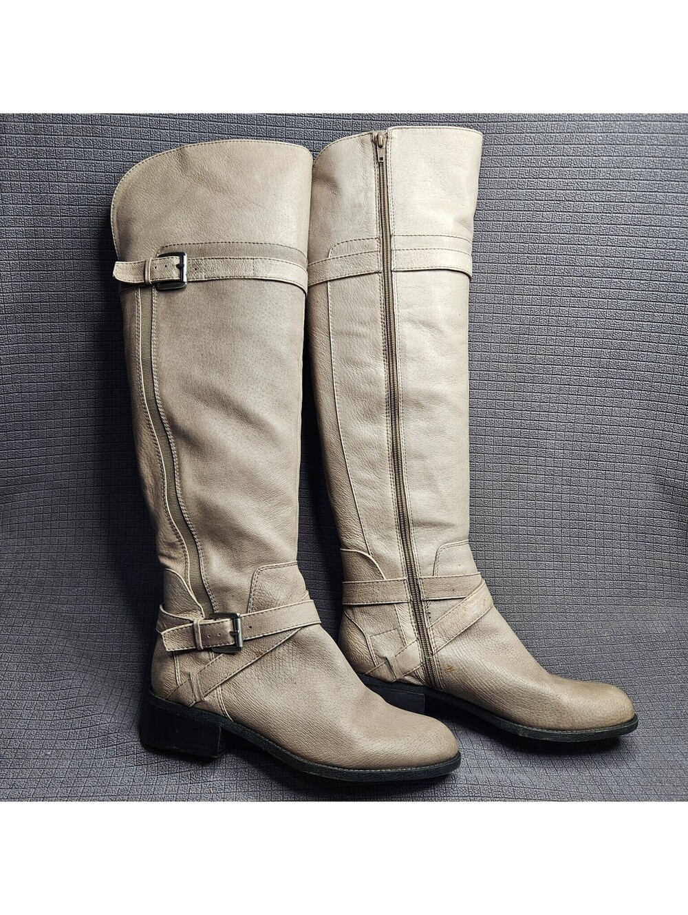 Nine West Boots Women's Taupe US 8.5 Leather Riding Knee High Buckle Block Heel